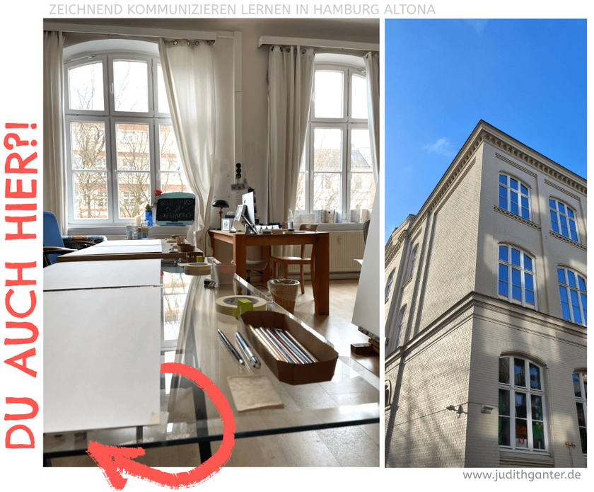 Blick ins Sketchnote-Atelier in Hamburg Altona und Außenansicht der alten Schule in der Gaußstraße
