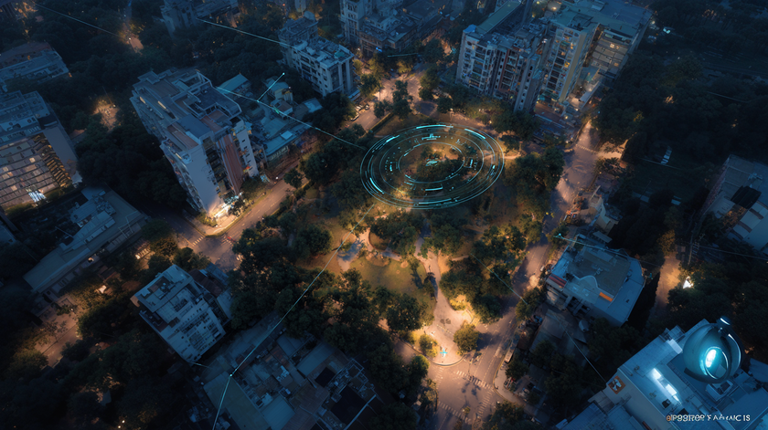 Imagen de ciudad donde patrullan drones para seguridad publica y vigilancia