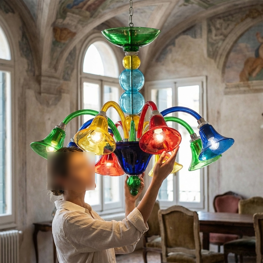 lampadario in vetro di Murano Laurent con luci verso il basso
