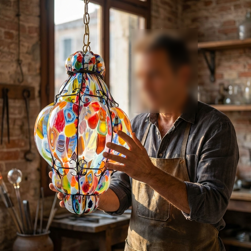 Lanterna Eterna in vetro di Murano lavorato a mano sospensione artistica con murrine colorate