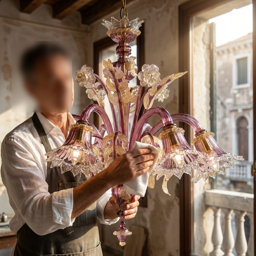 Lampadario Strauss ametista in vetro di Murano lavorato a mano con bracci classici e finiture dorate