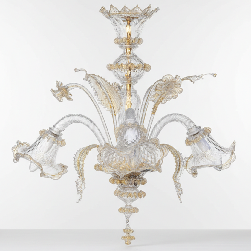 Lampadario con 3 luci modello Veneziano  Originale in vetro  Murano trasparente con oro