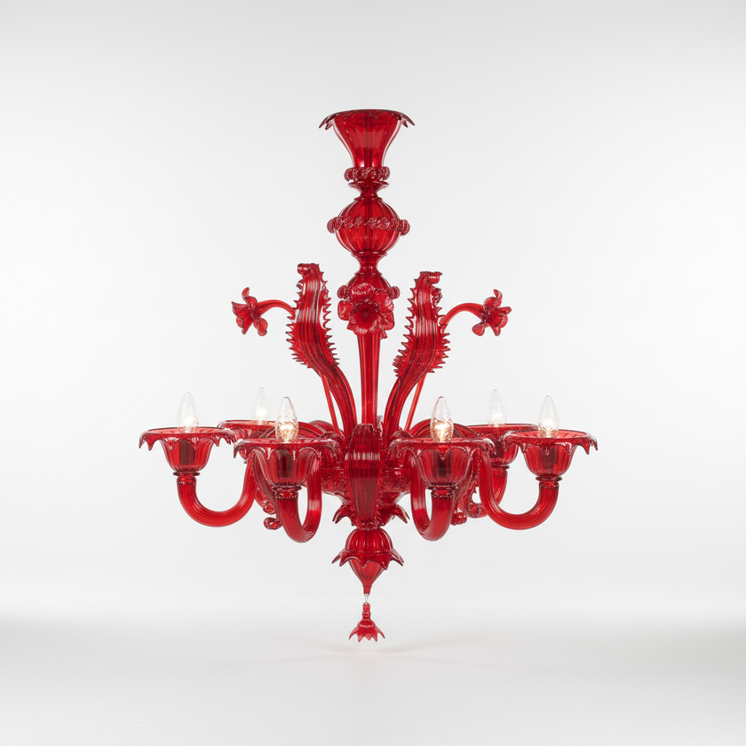 Donizetti lampadario in vetro di Murano rosso su parete bianca