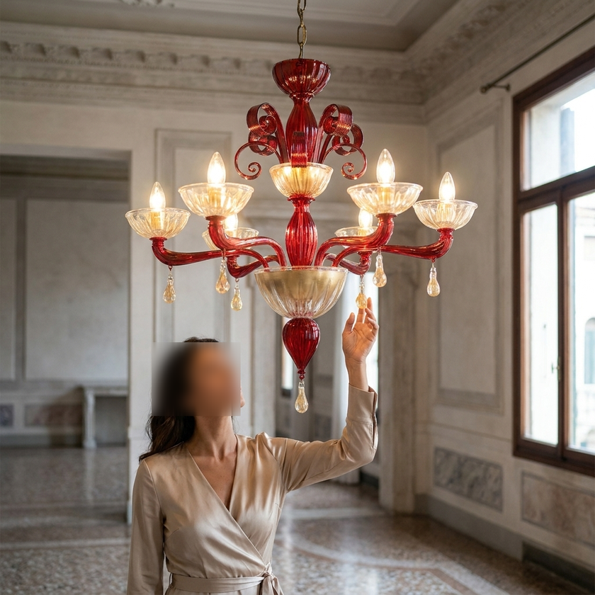 Lampadario Ushuaia in vetro di Murano lavorato a mano rosso oro per ambiente di design