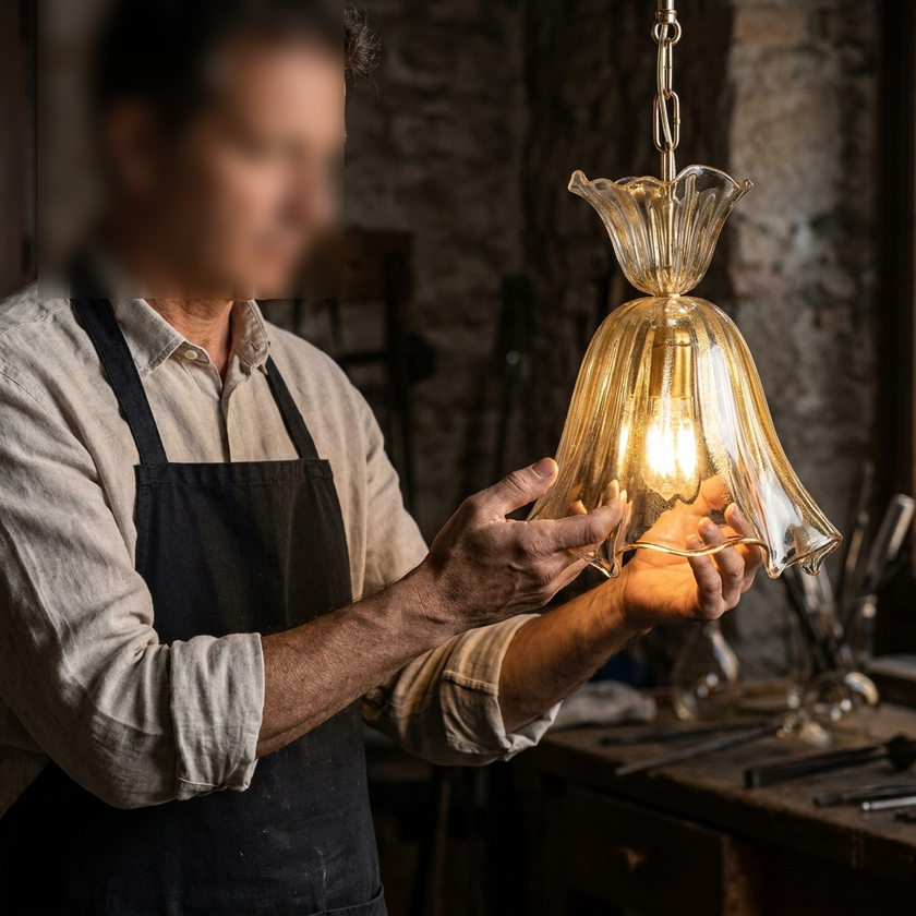 Sospensione Berg Oro in vetro di Murano lavorato a mano con dettagli oro per soggiorno elegante
