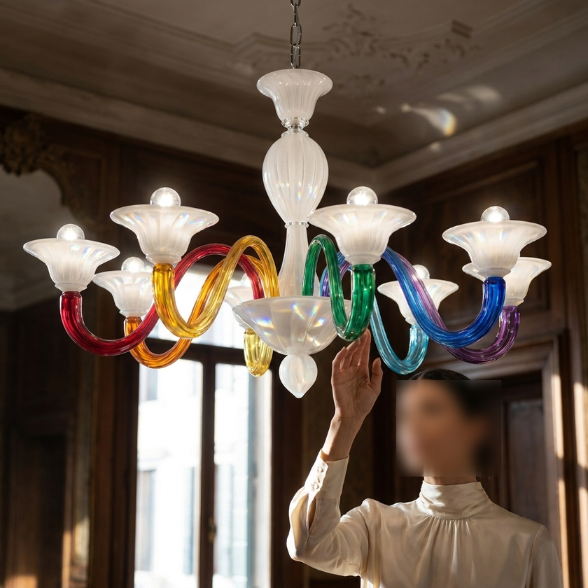 Lampadario veneziano Miss Bellagio vetro di Murano lavorato a mano con finiture bianche eleganti