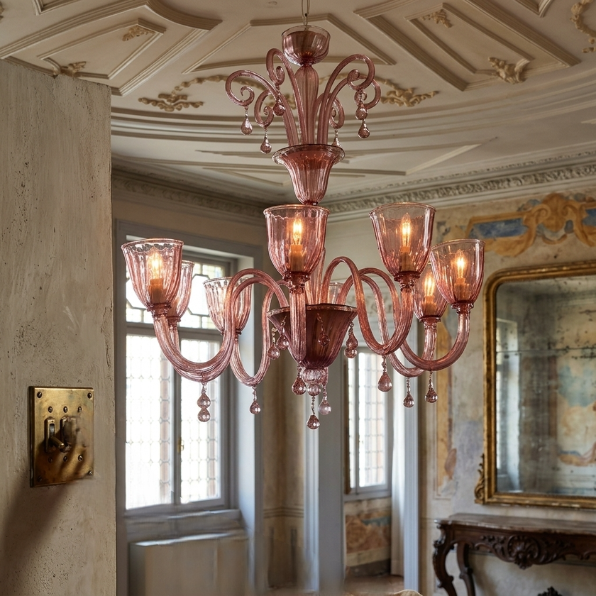Lampadario Murano Sorrento in vetro di Murano lavorato a mano con bracci rivolti verso l’alto