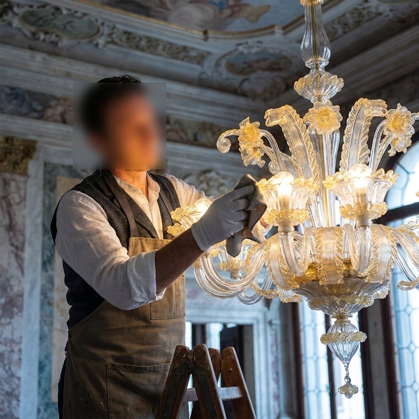 Dettaglio lampadario CaVendramin in vetro di Murano lavorato a mano con coppe oro ambra