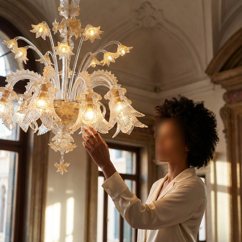 Lampadario Gluck in vetro di Murano lavorato a mano 8 luci con bracci curvati stile veneziano