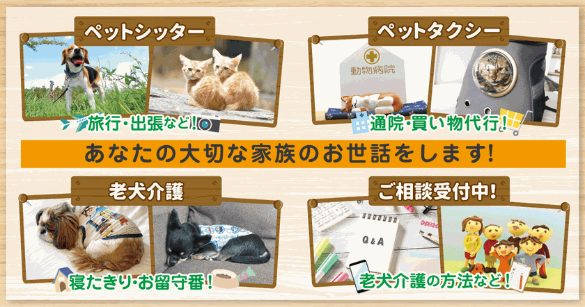 わんちゃん猫ちゃんをはじめとしたペットシッター　通院などにご利用ください、ペットタクシー　老犬の訪問介護で負担を軽く　その他相談お受けします