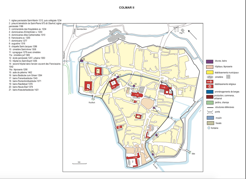 Les établissements de bains et les cours d'eau de Colmar - carte issue de l'Atlas historique d'Alsace