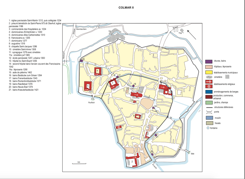 Les établissements de bains et les cours d'eau de Colmar - carte issue de l'Atlas historique d'Alsace 