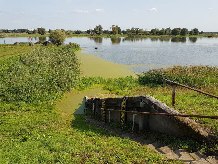 Die Oder bei Groß Neuendorf, Blick von der Hafenstraße. Pegel für die häufigen Hochwasserstände