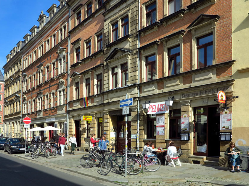 Szeneviertel Äußere Neustadt in der Alaunstraße, geschlossenes Gründerzeitviertel mit urwüchsigem Flair