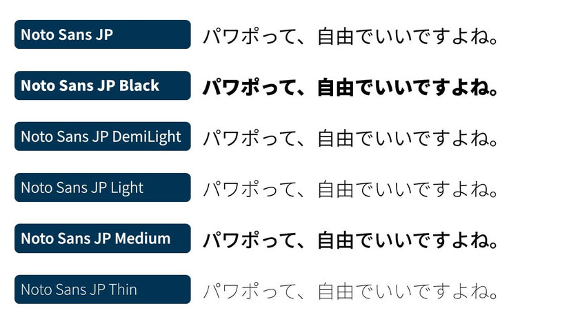 パワーポイント資料でも、徐々に人気が出てきたNoto Sansというフォント。バリエーションが豊富です。