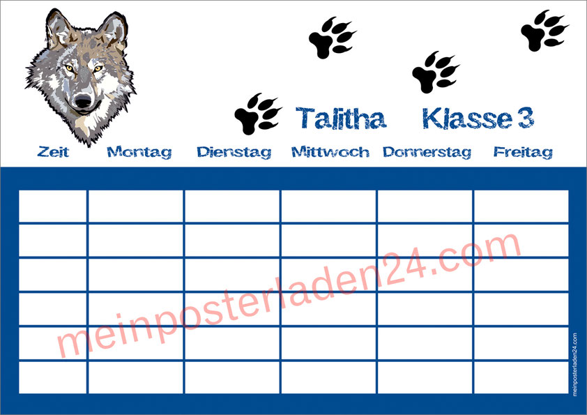 A4 Stundenplan mit Wolf und Wolfsspuren, personalisierbar, optional wiederbeschreibbar