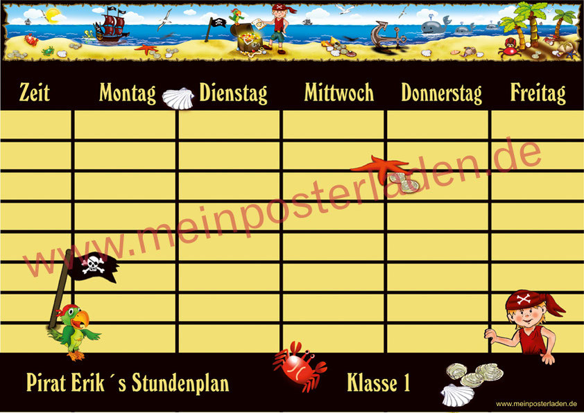 A4 Stundenplan mit kleinem Pirat, Goldschatz, Piratenschiff, Wale, Papagei, personalisierbar, optional wiederbeschreibbar