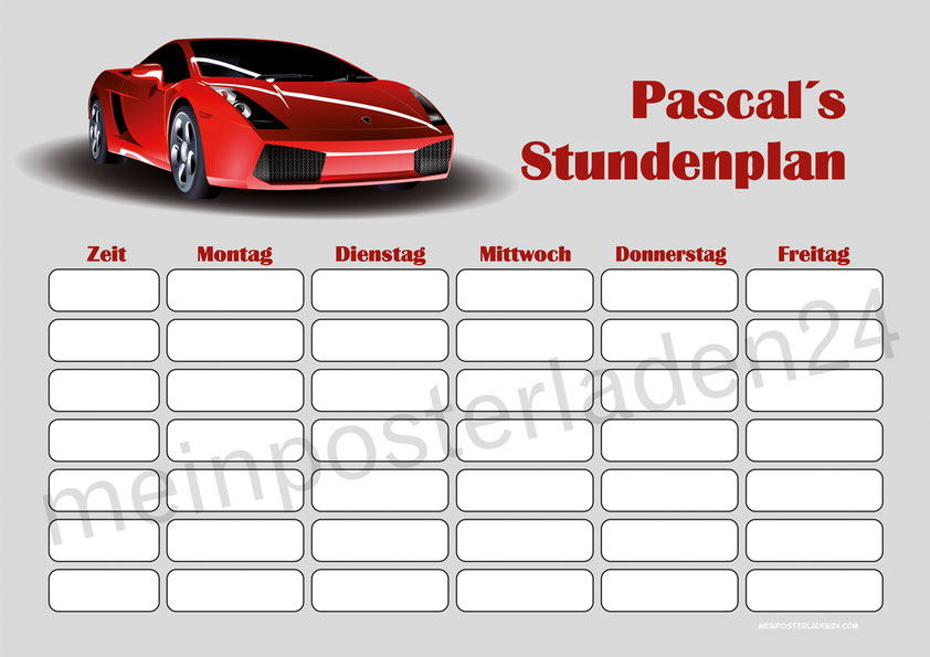 Coole selbstklebende Stundenpläne zum wiederbeschreiben und mehrfach verkleben - Motiv: Sportwagen