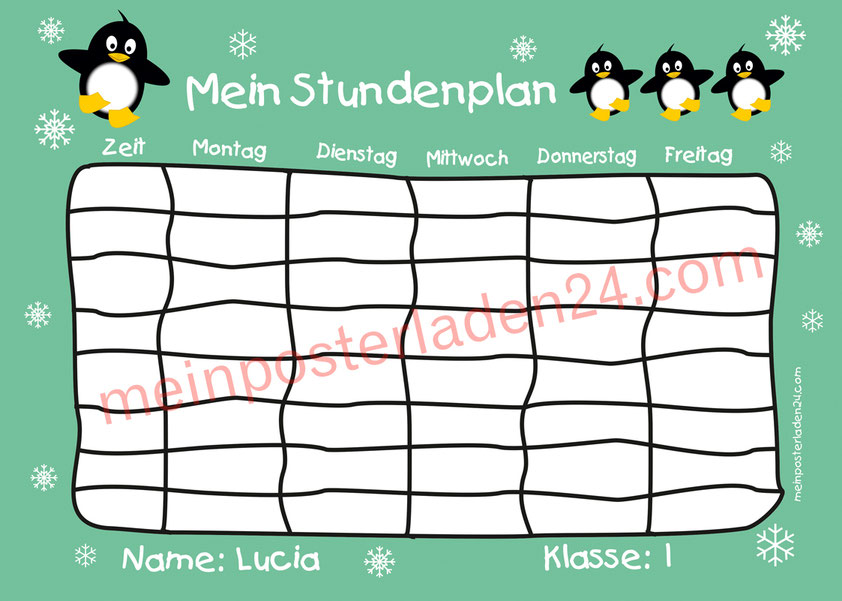 A4 Stundenplan mit kleinen lustigen Pinguinen, personalisierbar, optional wiederbeschreibbar
