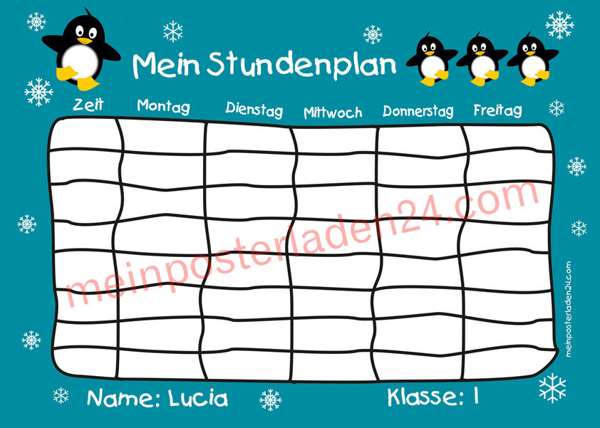 A4 Stundenplan mit kleinen lustigen Pinguinen, personalisierbar, optional wiederbeschreibbar