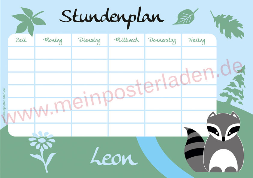 A4 Stundenplan mit Waschbär, personalisierbar, optional wiederbeschreibbar
