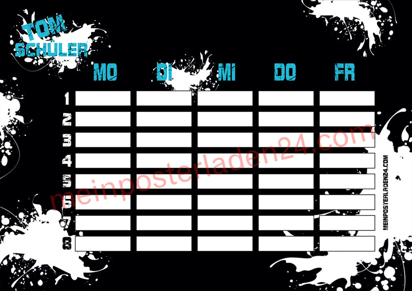 cooler schwarzer A4 Stundenplan mit weißen Farbklecksen, personalisierbar, optional wiederbeschreibbar