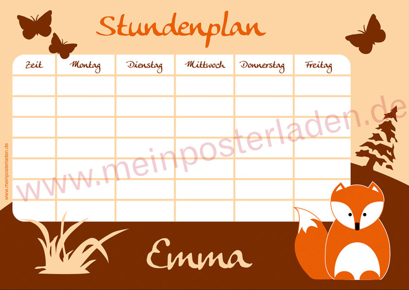 A4 Stundenplan mit Fuchs, personalisierbar, optional wiederbeschreibbar