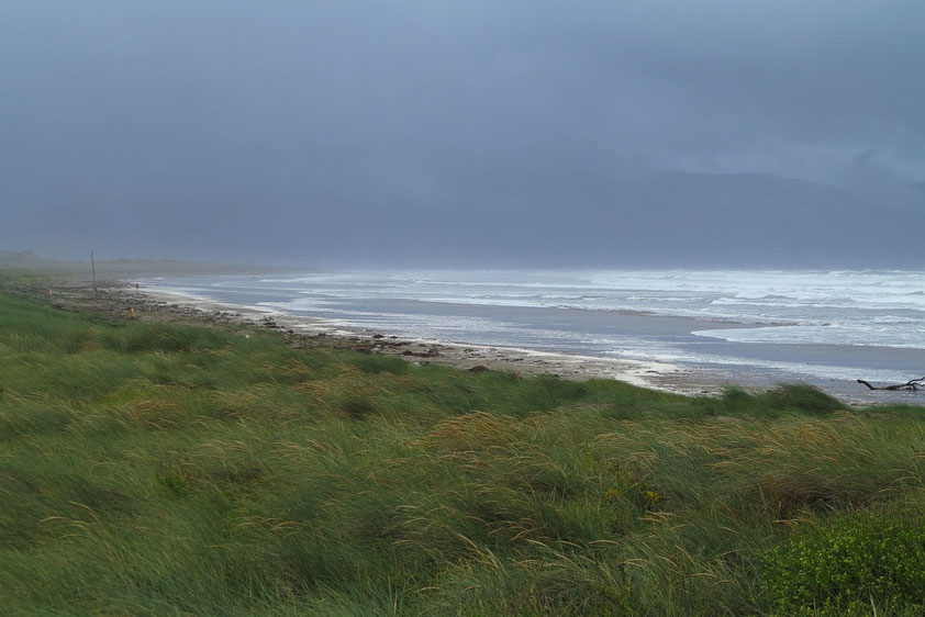 Inch Beach auf der Dingle-Halbinsel. Die Berge des "Ring of Kerry" im Hintergrund sind wolkenverhangen.