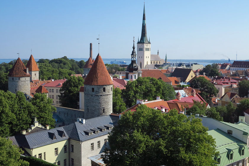 Tallinn. Blick vom Domberg auf Stadtmauer und Olaikirche