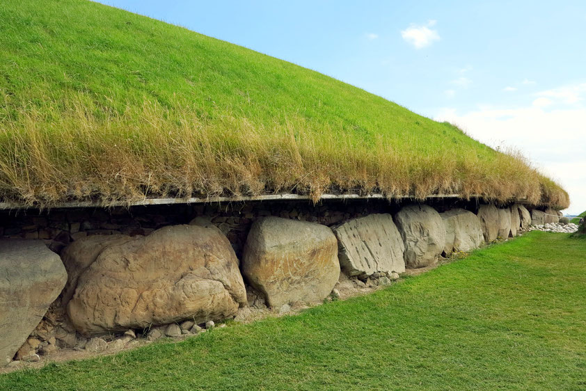 Knowth. Teilansicht des Haupthügels der Megalithanlage. Der ovale Hügel hat einen Durchmesser von 80 m bzw. 95 m (275 m Umfang) und ist fast 10 m hoch.