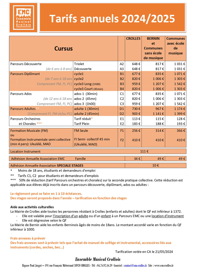 Tableau des tarifs EMC 2021/2022