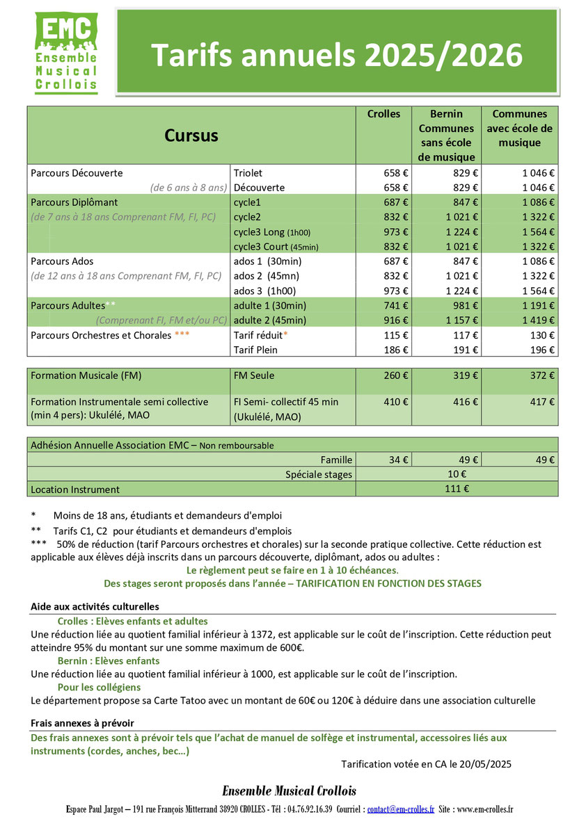 Tableau des tarifs EMC 2024/2025
