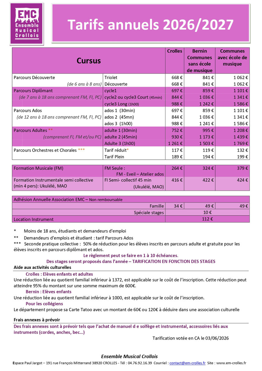 Tableau des tarifs EMC 2026/2027