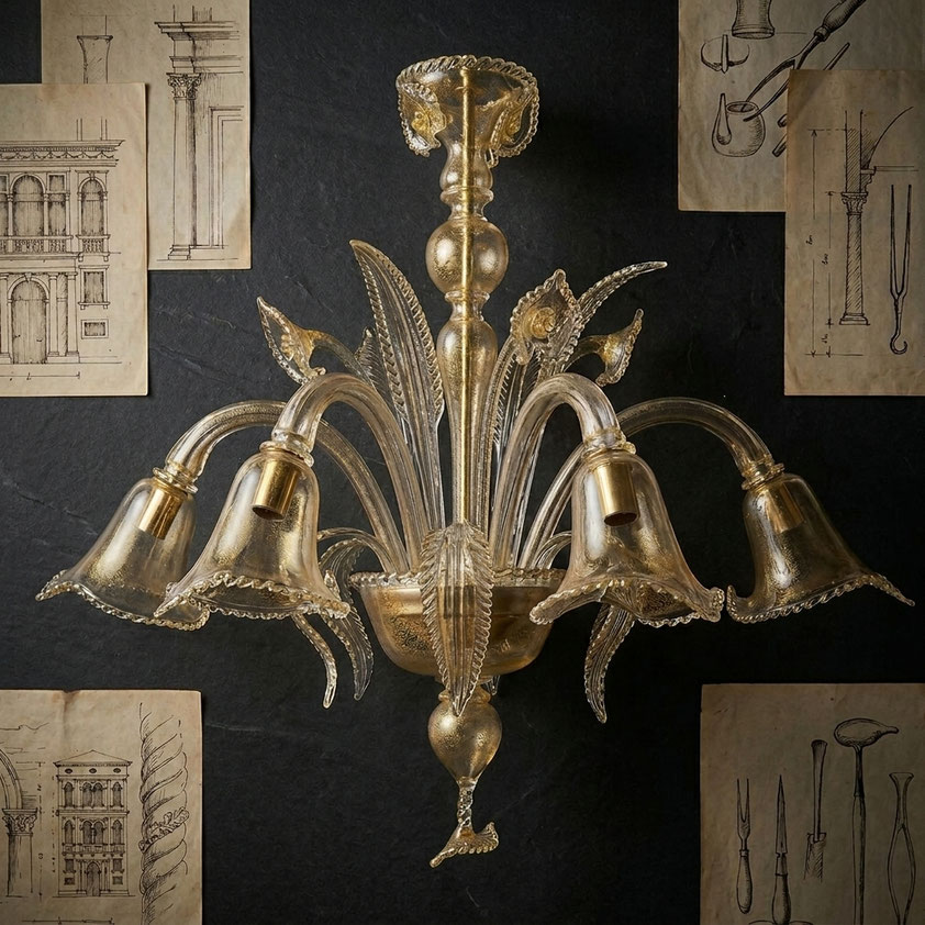 Applique Miss Albinoni in vetro di Murano lavorato a mano coordinata al lampadario cristallo oro