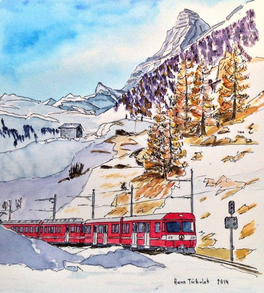 Foto: Hanstribolet.jimdo.com, aquarelle Bahnen, Matterhorn Gotthardbahn, MGB, Stadler Rail