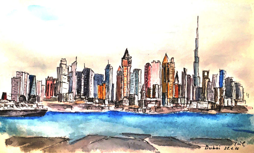 Foto: Hanstribolet.jimdo.com, Dubai, Aquarelle Skyline, Reiseskizzen, Skizzen Skyline