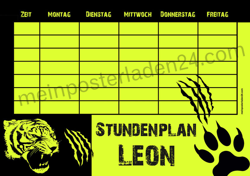 Stundenplan für die Grundschule mit Tiger, gedruckt auf gelbes Neonpapier, abwaschbar
