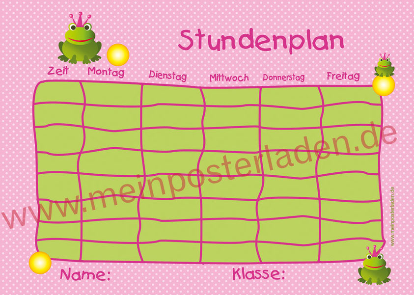 A4 Stundenplan mit Froschkönig in rosa - pink, personalisierbar, optional wiederbeschreibbar