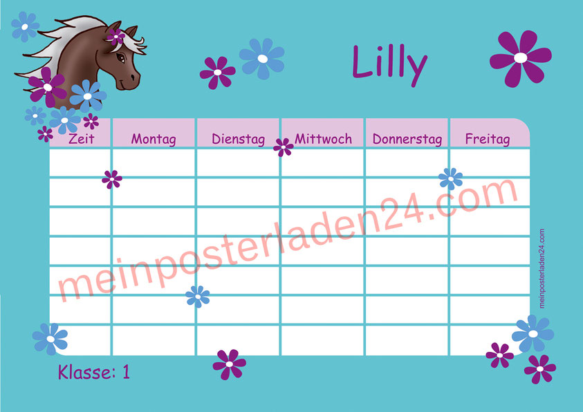 A4 Stundenplan mit Blümchen in türkis mit niedlichen Pony, optional wiederbeschreibbar