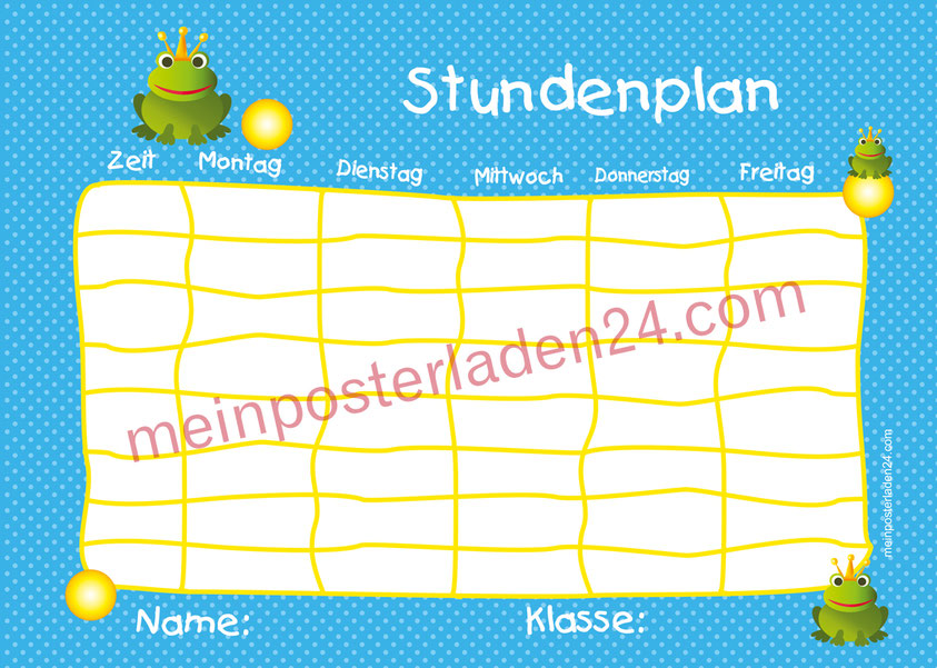 A4 Stundenplan mit Froschkönig in blau, personalisierbar, optional wiederbeschreibbar