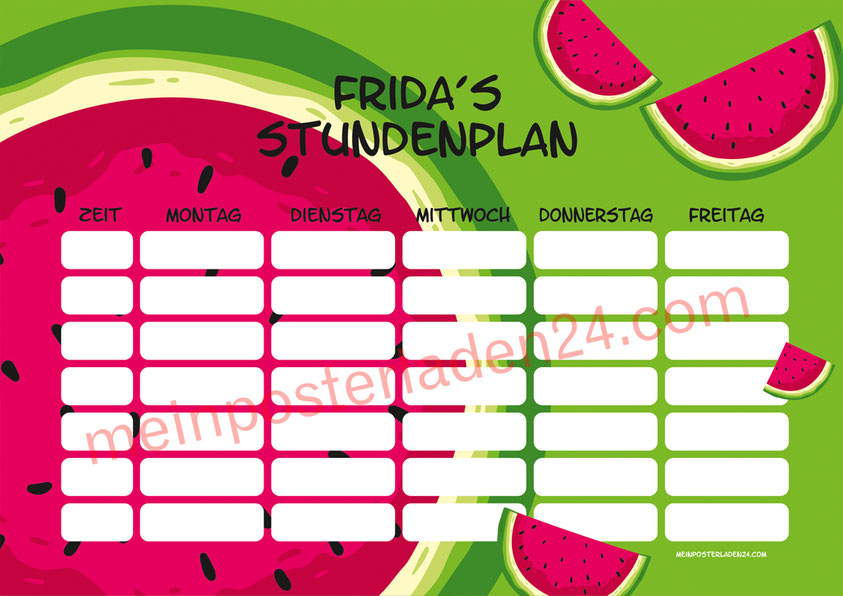 A4 Stundenplan mit Melone Motiv, personalisierbar, optional wiederbeschreibbar