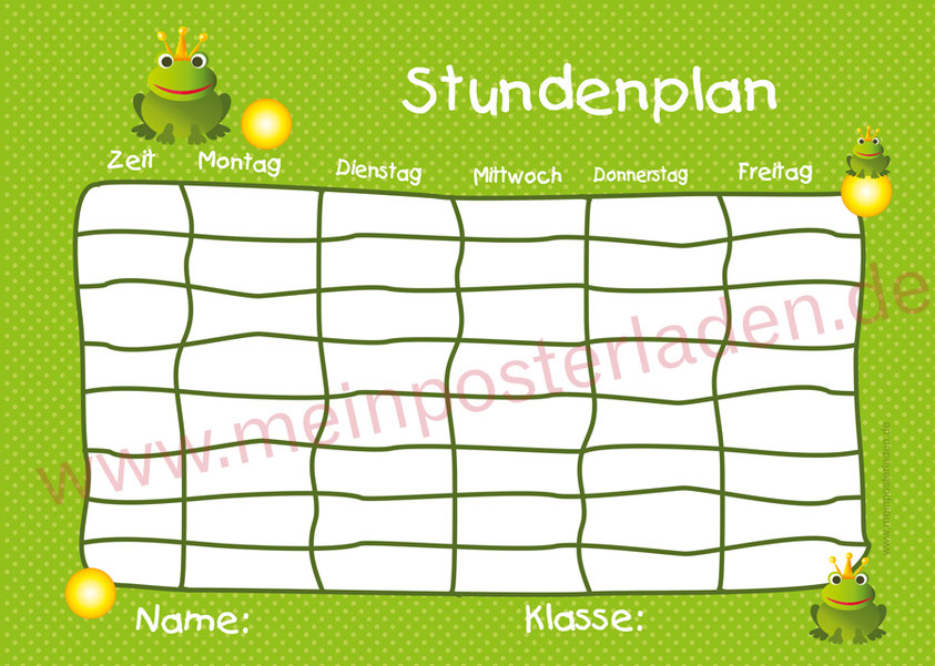 A4 Stundenplan mit Froschkönig in grün, personalisierbar, optional wiederbeschreibbar