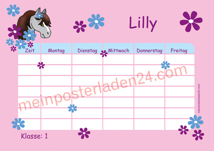 A4 Stundenplan mit Blümchen in rosa mit niedlichen Pony, optional wiederbeschreibbar