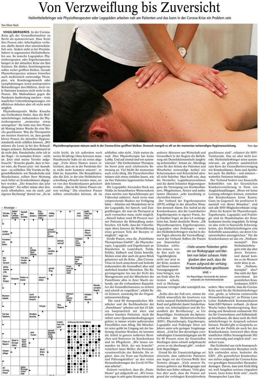 Zeitung "Lauterbacher Anzeiger" berichtete über das Thema am 21.03.2020