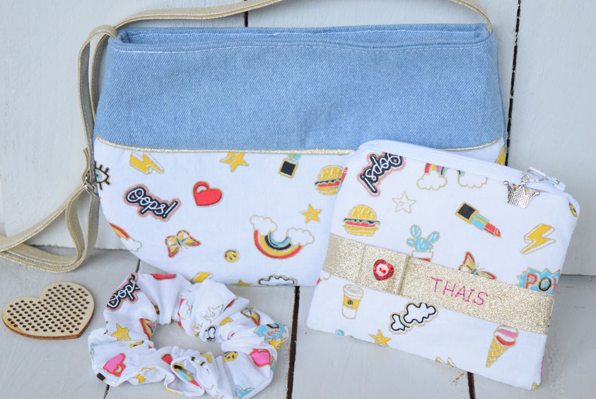 Cadeau fille sac à main - porte monnaie - chouchou jeans tissu goodies girly