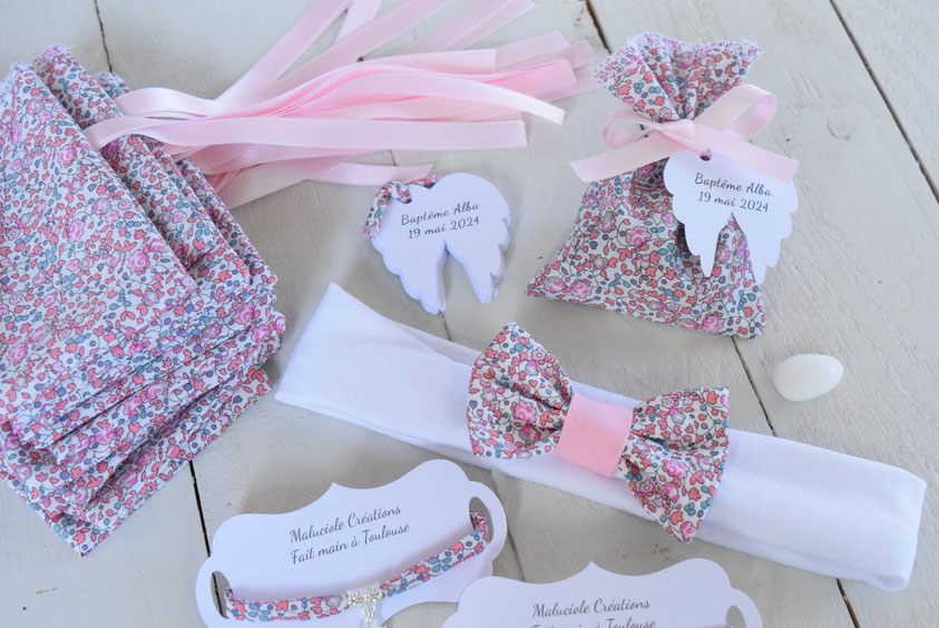 pochon dragées bandeau et bracelet baptême tissu liberty