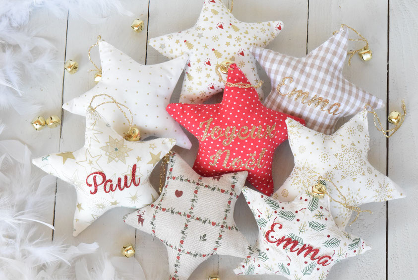 étoile de noël en tissu et prénom au choix ou petit texte