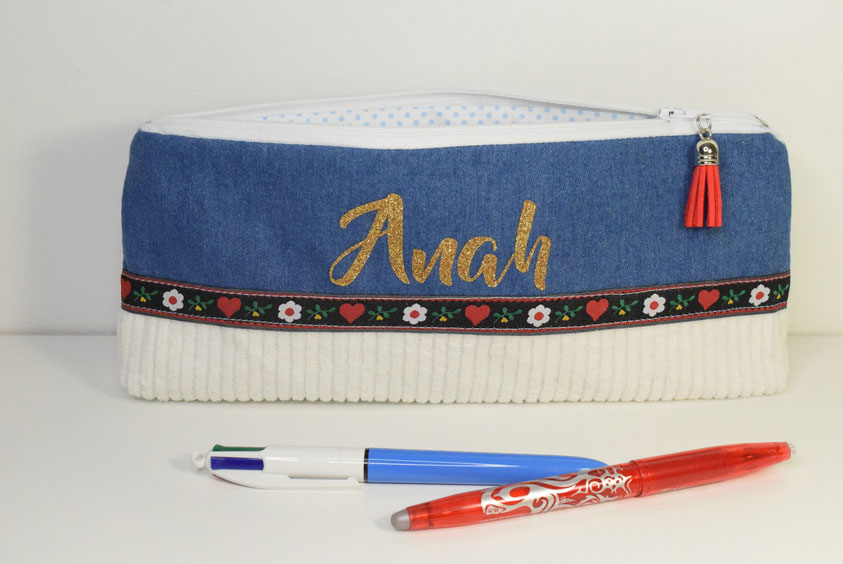 trousse école scolaire jeans fleurs à personnaliser avec prénom en doré