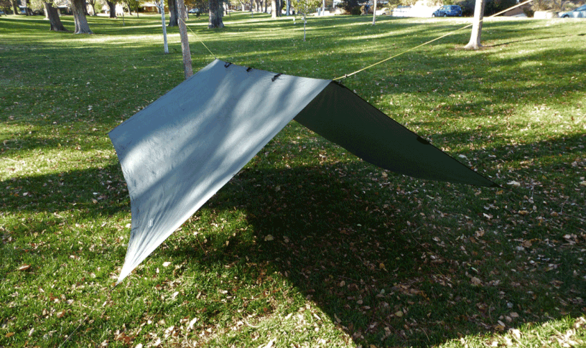 DD superlight tarp rigged as awning, using a Dutchware ridge line