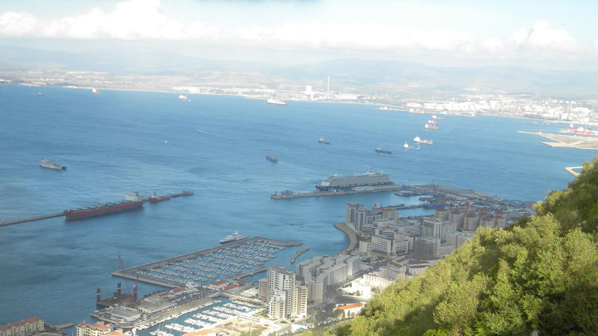Blick vom Affenfelsen auf das Kreuzfahrtschiff im Hafen von Gibraltar